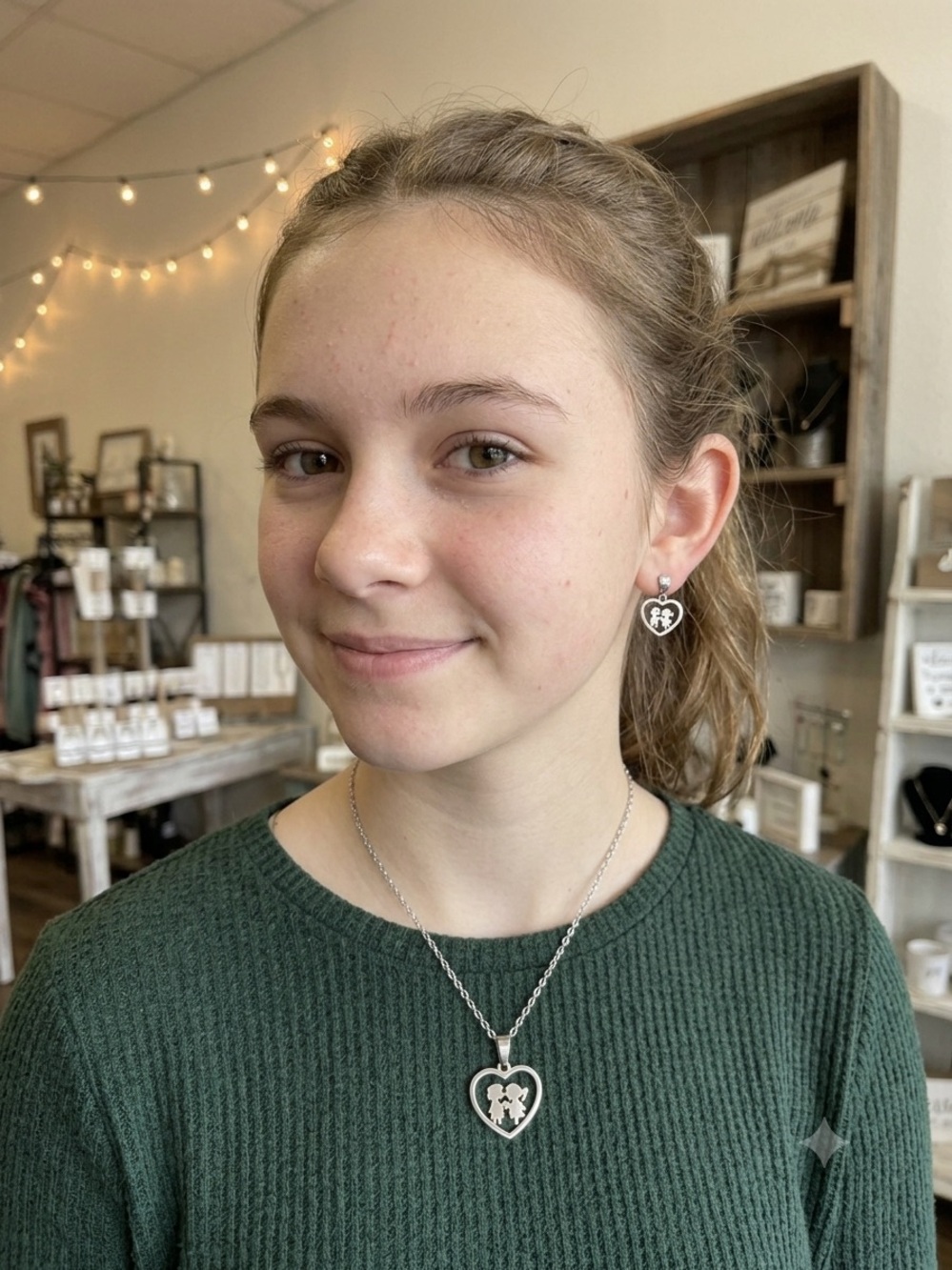 Sweetheart Boy/Girl Earring and Necklace Set - Silver or Gold - Stainless Steel - Picture 3 of 7